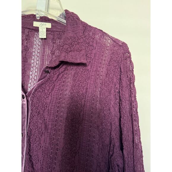 J Jill Lace Top Stretch Purple Button Up Velvet Trim Long Sleeve Sz L Sheer - Picture 2 of 7